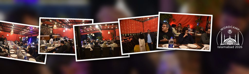 Collage of images from a gathering at a restaurant, showcasing attendees seated around tables, with a festive atmosphere and red decor.